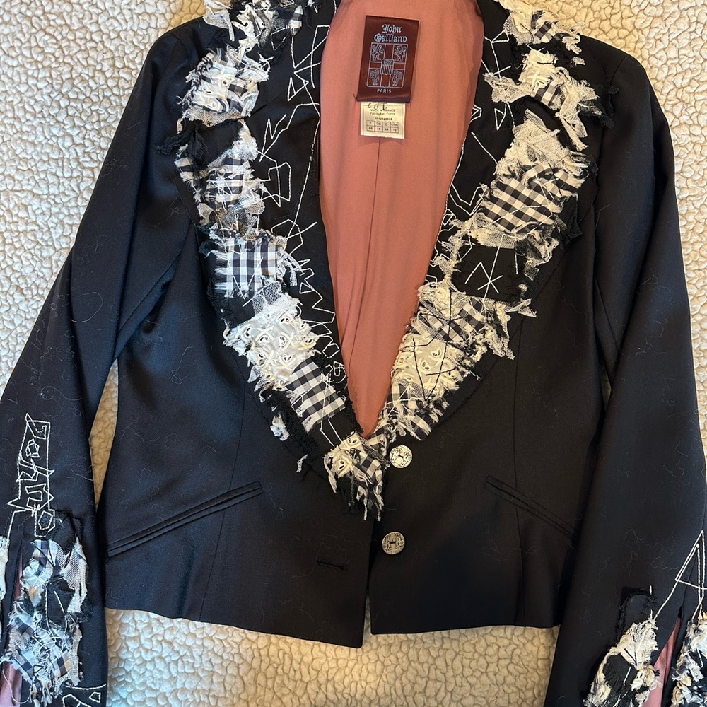 John Galliano Black Wool Blazer with Pink Lining and Distressed Trim